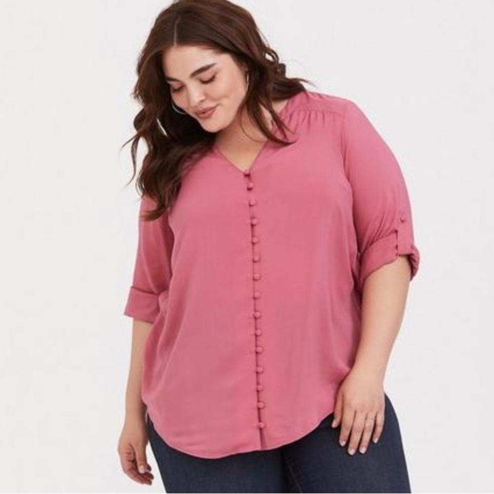 Torrid Women Blouse M/L Harper Button Down Top 3/4 sleeve Relaxed Fit oversized